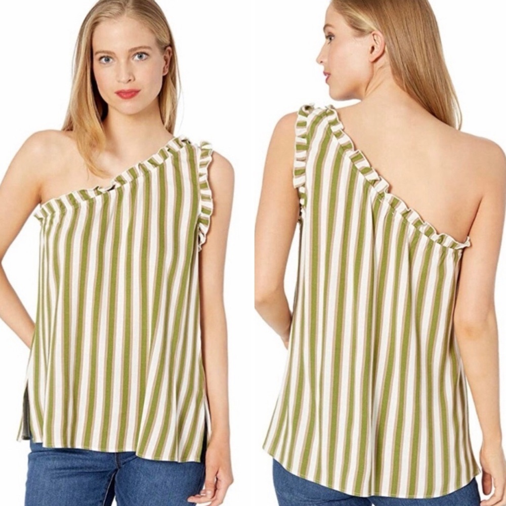 Show Me Your Mumu Ulani One Shoulder Ruffle Top Olive Stripe NWT Size S - Picture 15 of 15